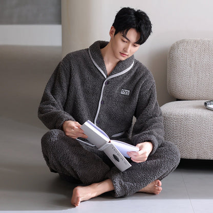 Flannel Thick Warm Long Sleeves Coral Fleece Couple Pajamas Suit