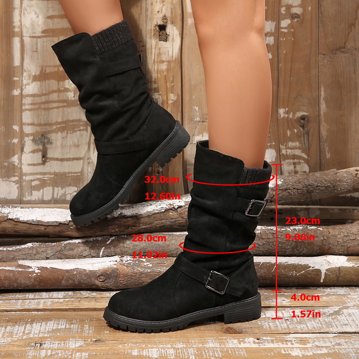 Cuffed Pleated Knit Ankle Boots With A Round Toe And Square Heel For Women