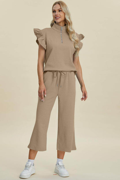 Double Take Full Size Texture Ruffle Top and Pants Set