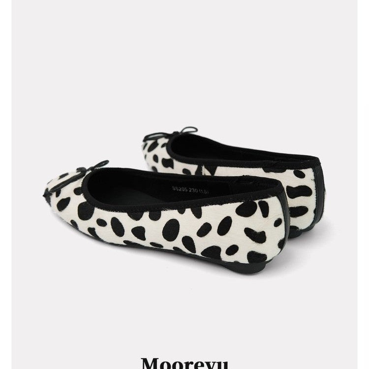 Women Spring Autumn Elevated 3cm Vintage Horsehair Leopard Polka Dot Classic Round Toe Bow Low Cut Pumps