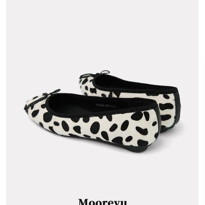Women Spring Autumn Elevated 3cm Vintage Horsehair Leopard Polka Dot Classic Round Toe Bow Low Cut Pumps