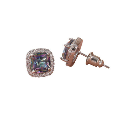 Rainbow Square Crystal Stud Earrings Silver Tone Brass Women Elegant Party Fashion Jewelry Sparkling Statement