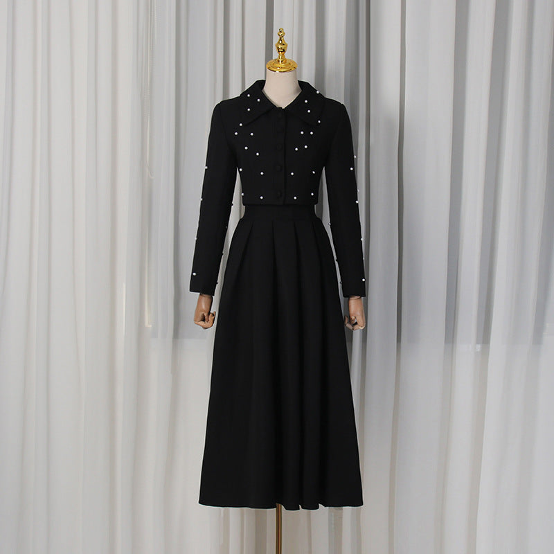 Elegant Figure-flattering Short Beaded Top Paired With A High-waisted Skirt Two-piece Set
