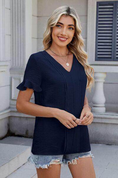 Ruffled V-Neck Short Sleeve Blouse for Stylish Women