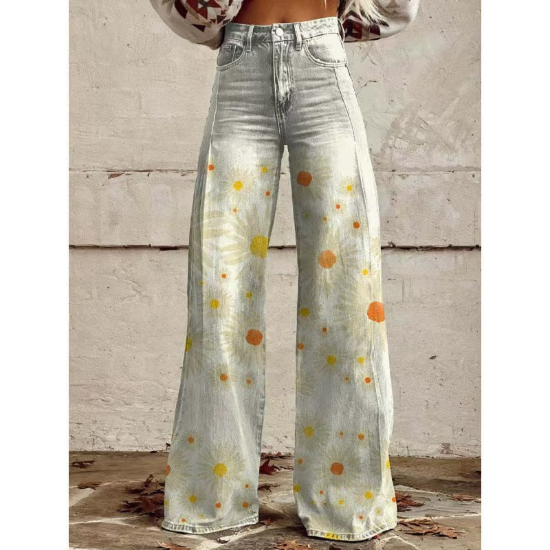 Women's Casual Wide-leg Pants Low-rise Denim Straight-leg Style