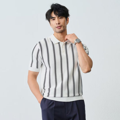 Men's Striped Short-sleeve Knitted Shirt With Lapel
