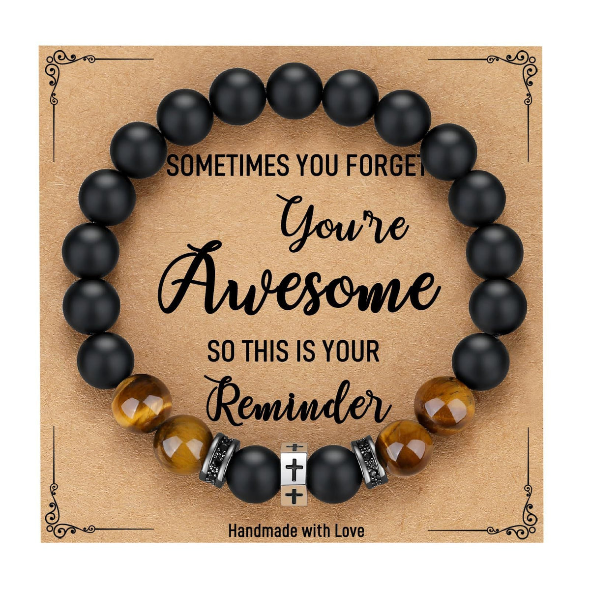 Tigers Eye Stone And Stainless Steel Cross Beaded Bracelet
