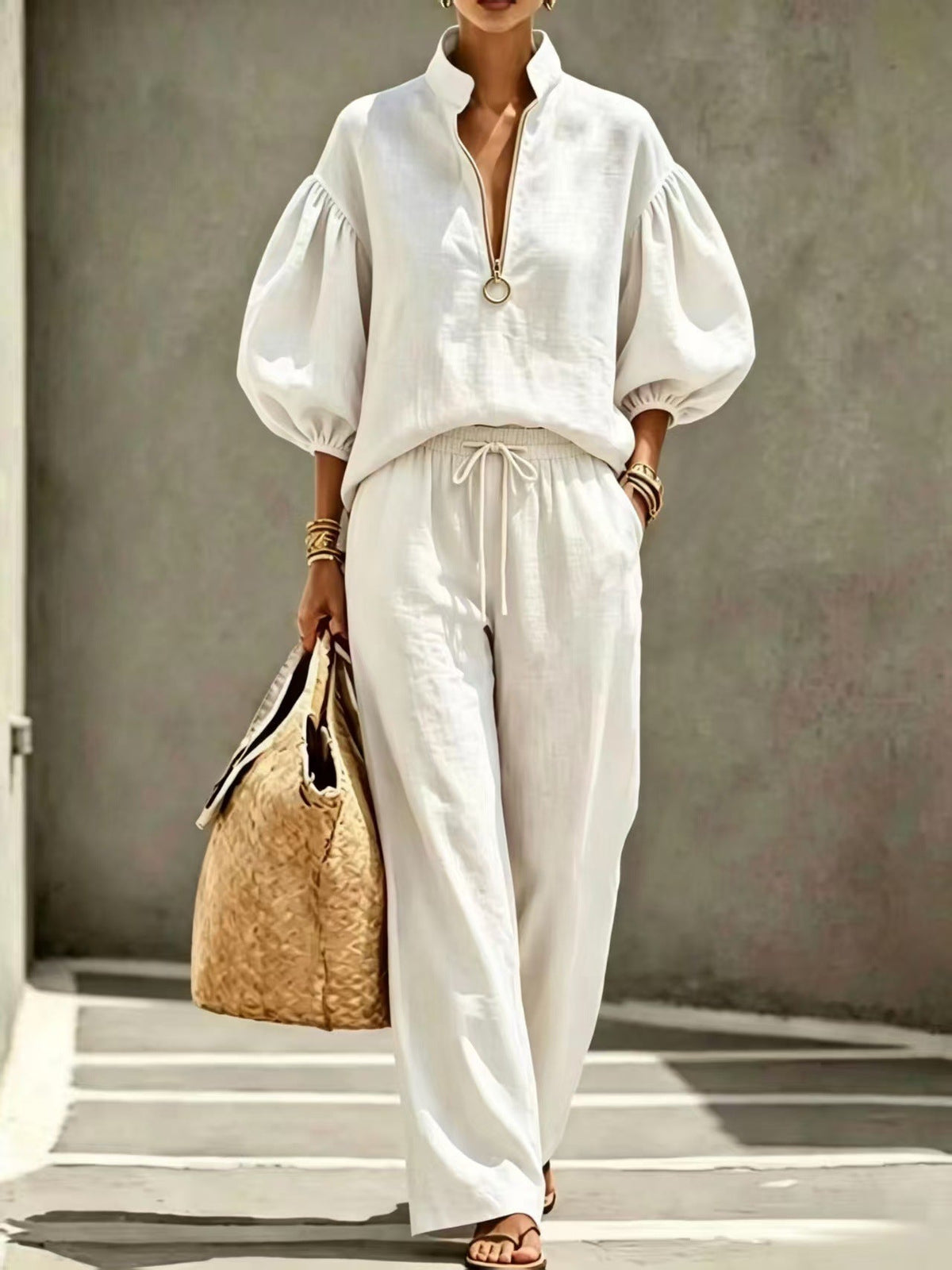 Loose-fitting Solid-color Womens Set With A Half-zip And Puff Sleeves