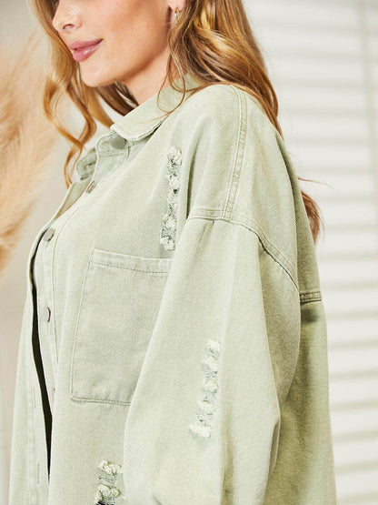 Distressed Raw Hem Denim Jacket for Relaxed Fit Style