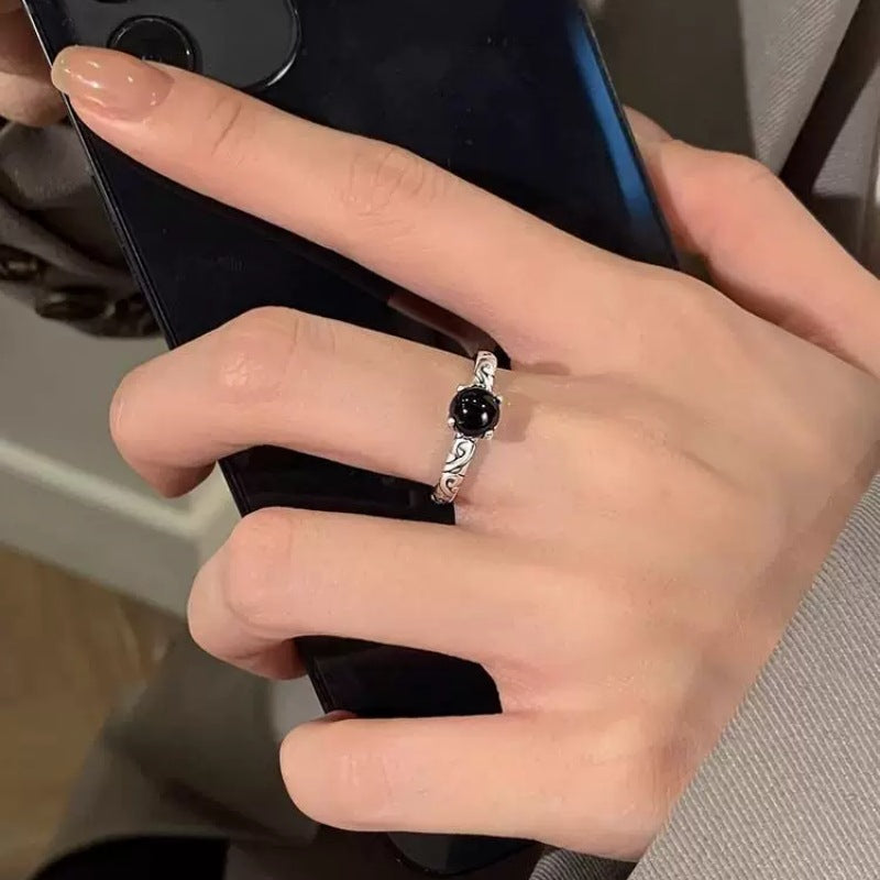 Vintage Black Small Bead Women Ring, Minimalist Fashion Unique Elegant Versatile Open Band, Trendy Index Finger Ring