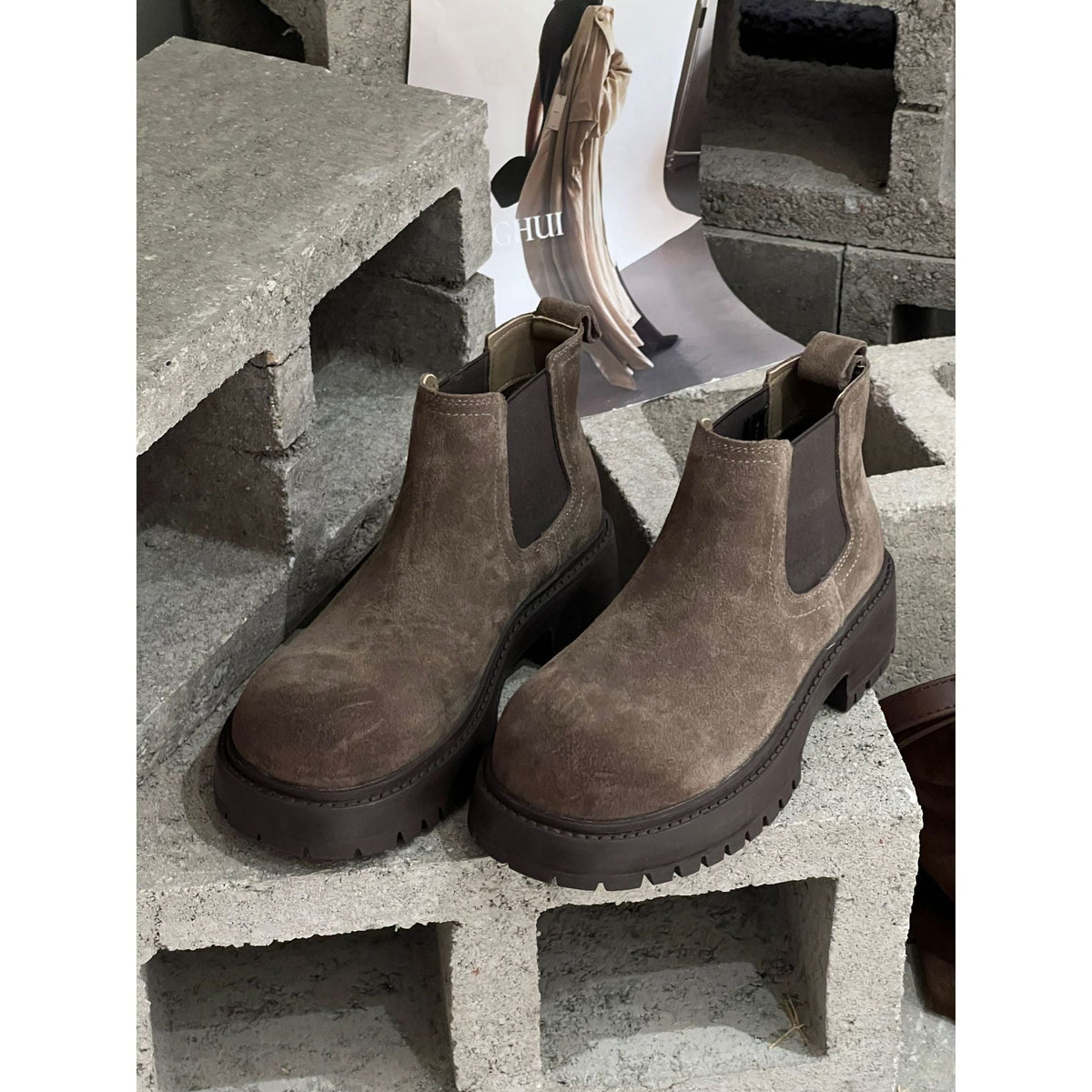 New Autumn Winter Retro Cow Suede Thick-soled Height-increasing Womens Boots