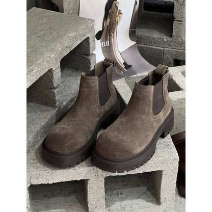 New Autumn Winter Retro Cow Suede Thick-soled Height-increasing Womens Boots