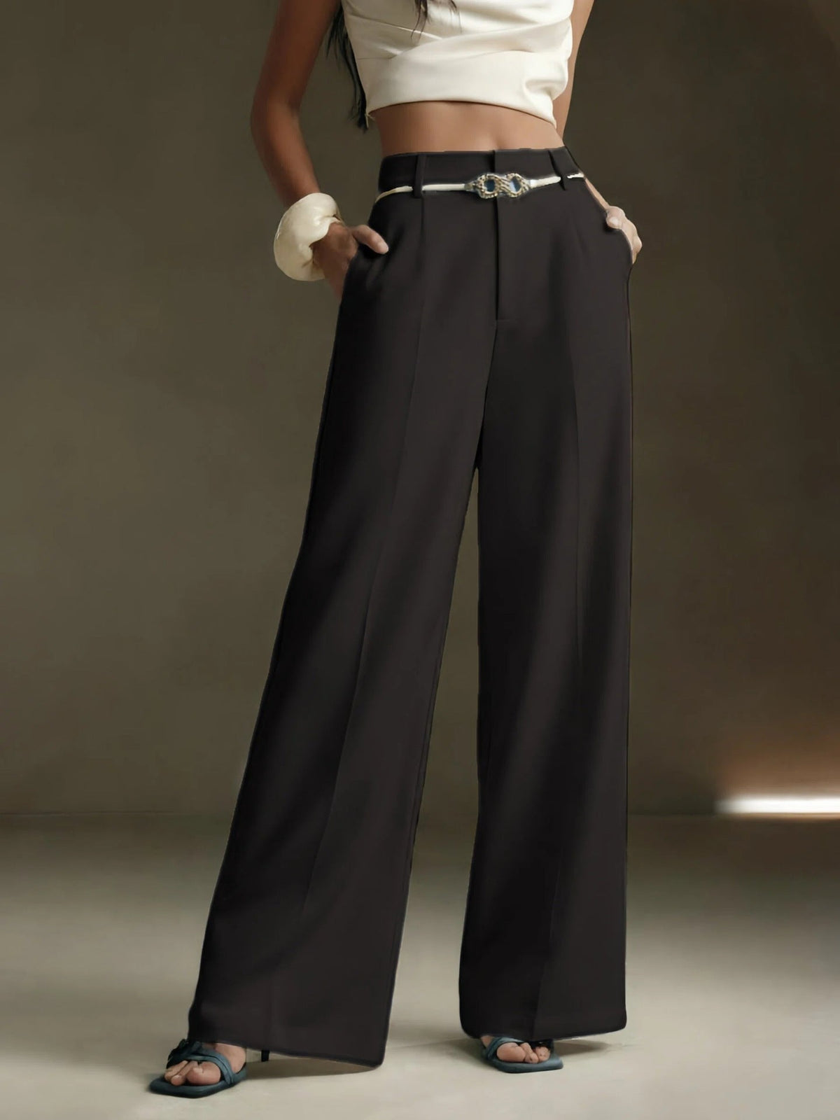 Solid-color High-waisted Draping Wide-leg Straight Pants