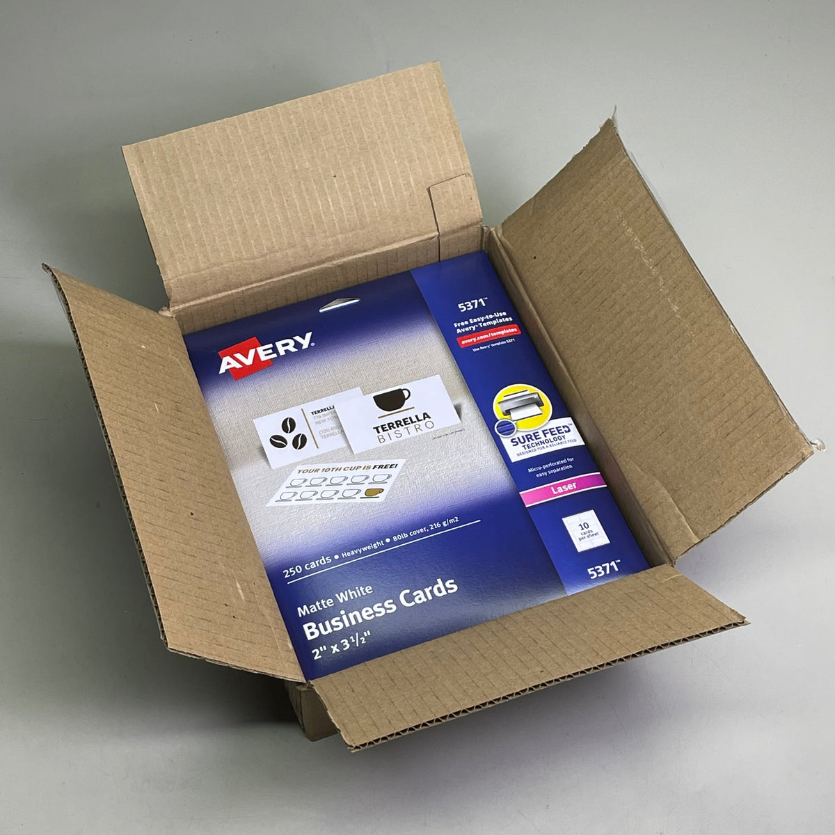 AVERY (5-PACK) 250 Business Cards Matte White Sure Feed Printable 2"x3-1/2" 5371