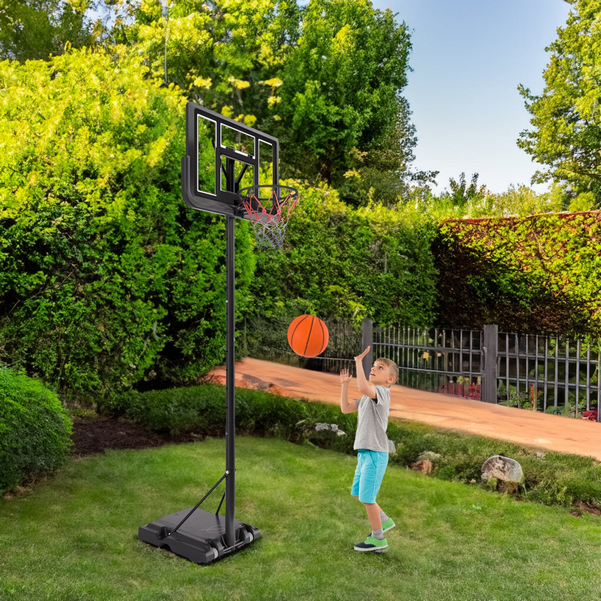 Basketball Hoop Basketball System 4.76-10ft Height Adjustable with 4 Basketball, Net Pocket, Inflator Set