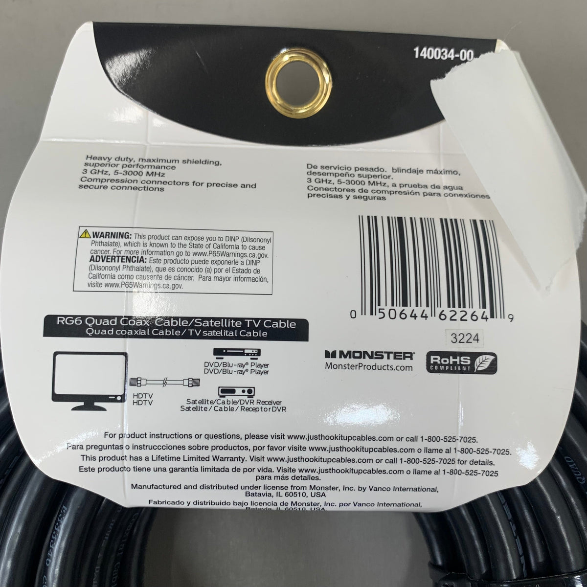 MONSTER RG6 Quad Coax Satellite Tv Cable 50ft Black 140034-00