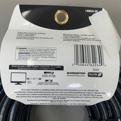 MONSTER RG6 Quad Coax Satellite Tv Cable 50ft Black 140034-00