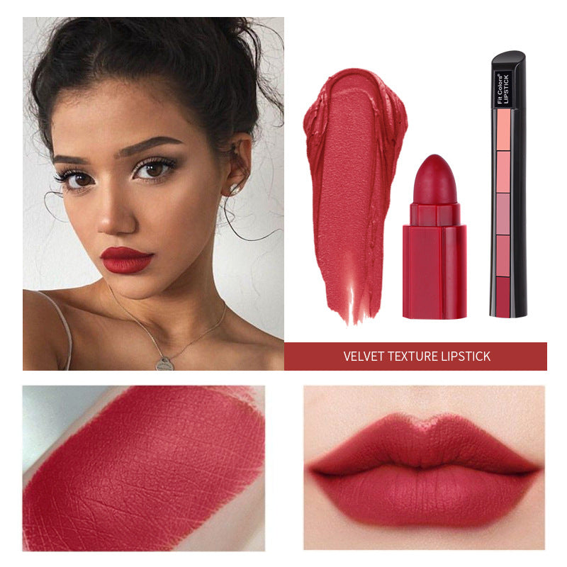 Fit Colors Matte 5-Color Lipstick Combination 5 Matte Velvet Color Non-Stick Cup Lip Gloss Lipstick