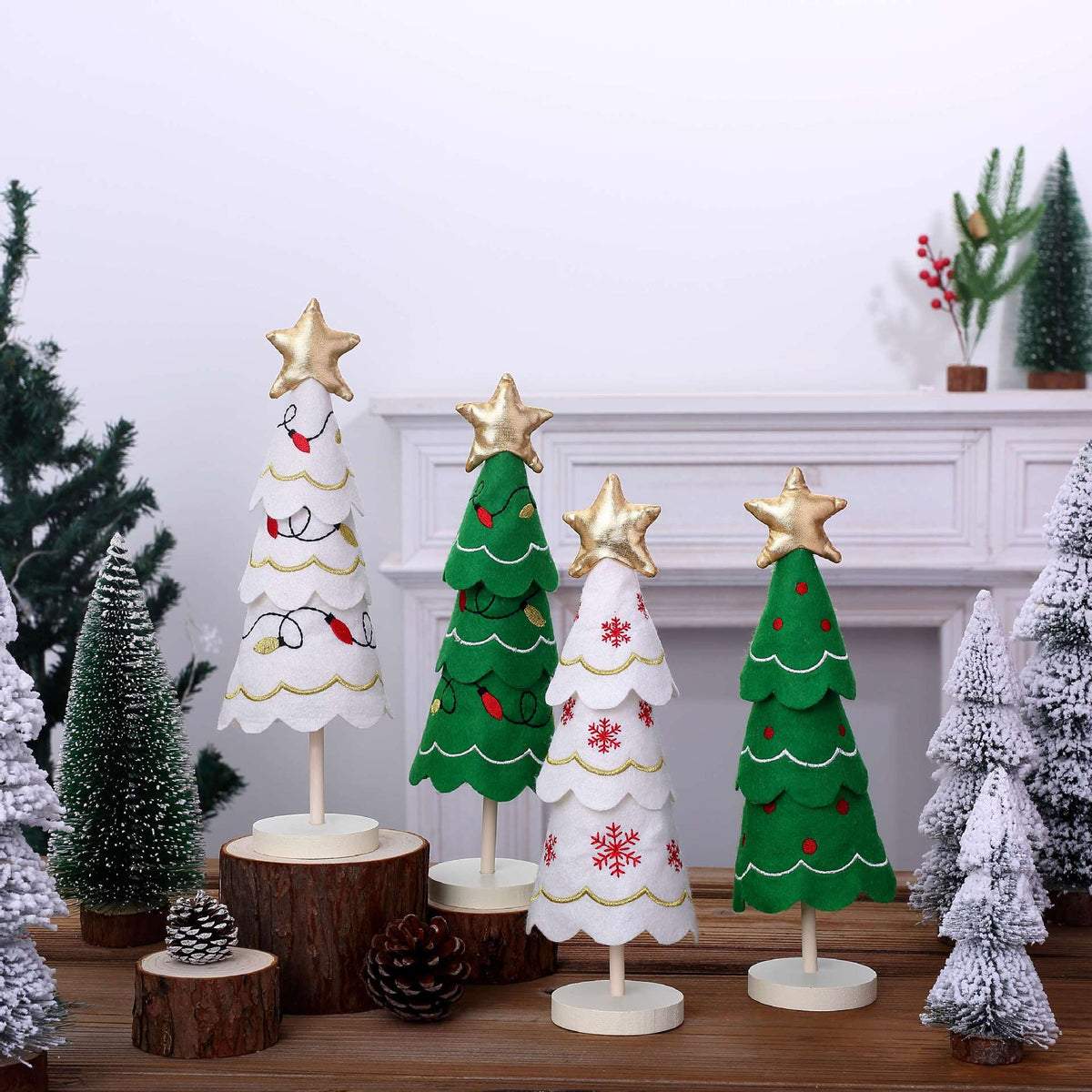Cute Christmas Tree Fabric Wooden Display Window Desktop Christmas Embroidery Snowflake Decoration
