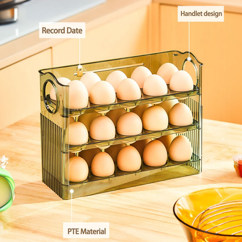 Large-capacity fridge egg storage, portable multi-layer tray, auto-open/close holder