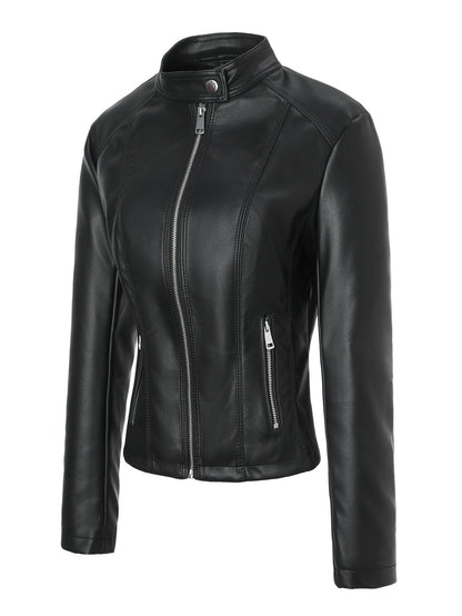 Women's Stand-collar Zip-up Biker PU Leather Jacket