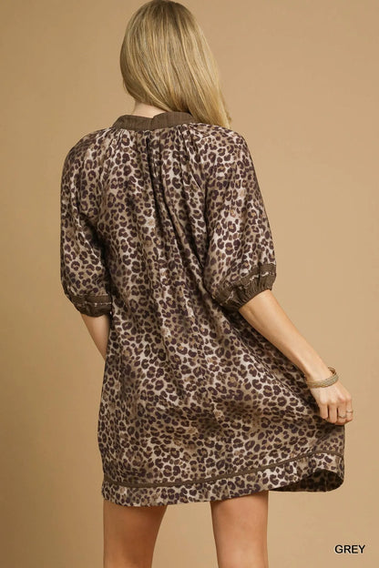 Umgee Full Size Leopard Print Mini Dress with Contrast Trim Plus Size