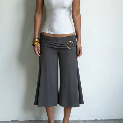 Women's Pleated Metal-Button Flared Low-Waist Cropped Pants