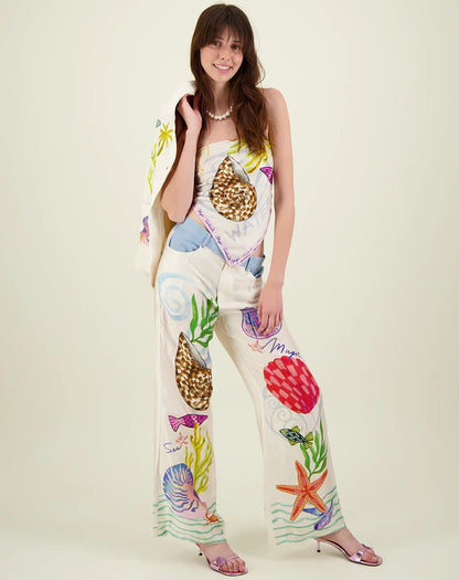 Satin Printed Graffiti Casual Shirt and Trousers Set
