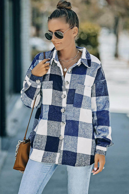 Plaid Button Up Dropped Shoulder Jacket for Women Stylish