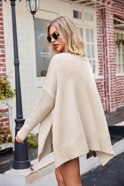 Slit V-Neck Dropped Shoulder Sweater for Effortless Style