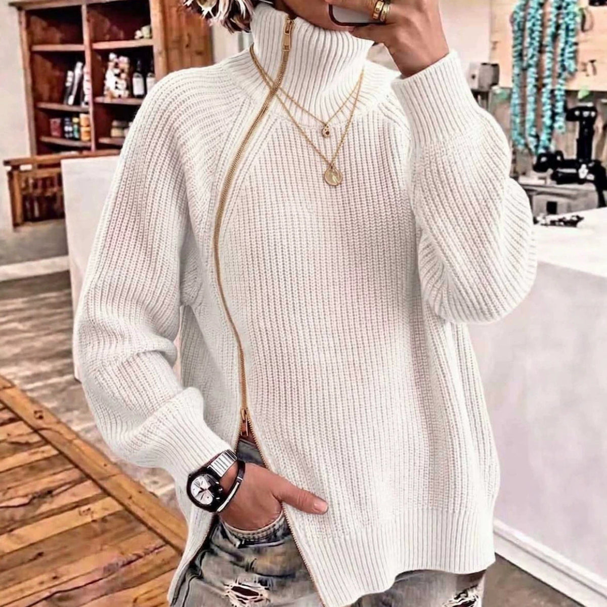 Solid-color Turtleneck Long-sleeve Loose-fit Knit Top With A Side Zipper