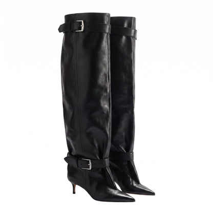 Pointed-toe Low-heeled Buckle-decorated Over-the-knee Womens Boots