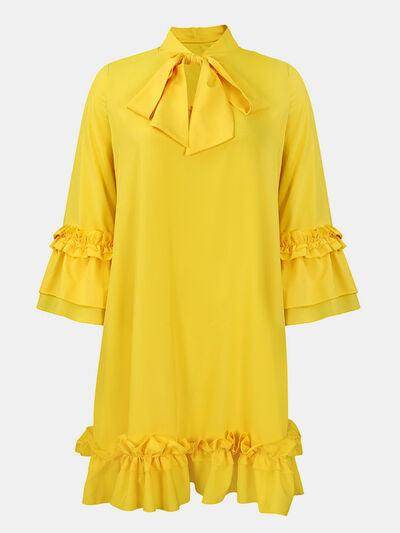 Frill Tie Neck Three-Quarter Sleeve Dress for Women