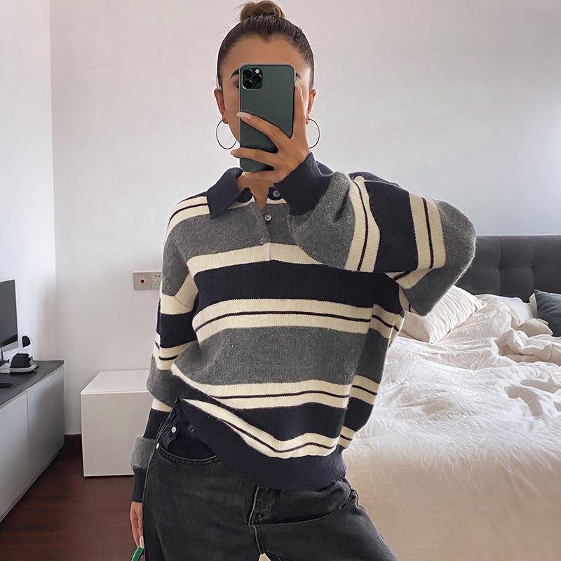 Loose-fitting Striped Color-block V-neck Half-zip Knit Sweater