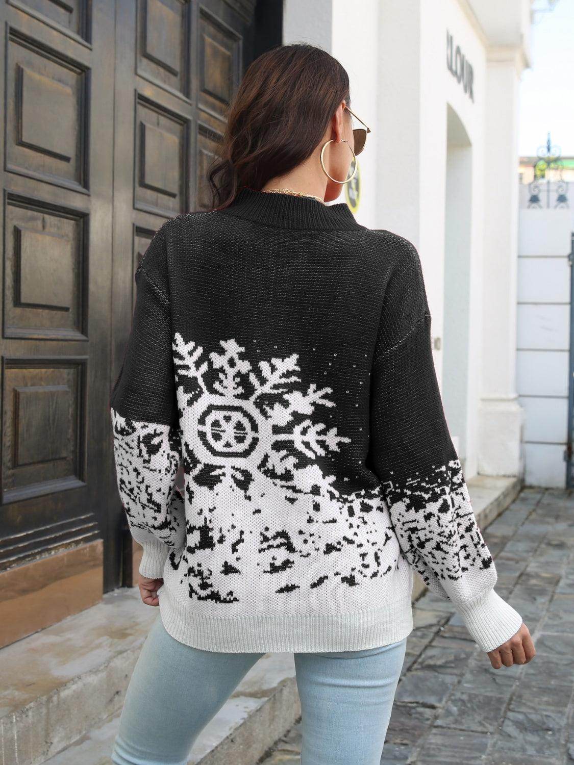 Snowflake Pattern Mock Neck Sweater for Cozy Winter Style