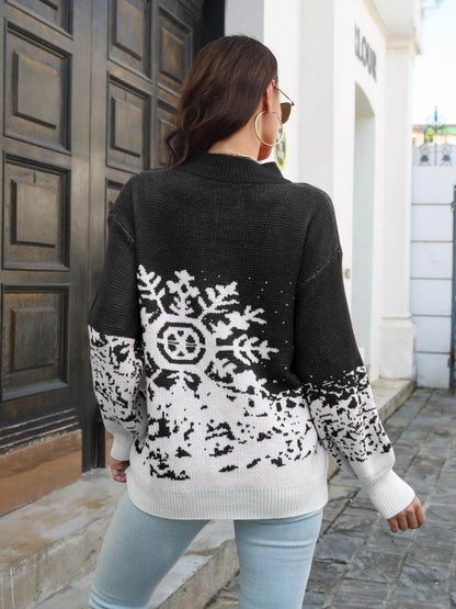 Snowflake Pattern Mock Neck Sweater for Cozy Winter Style