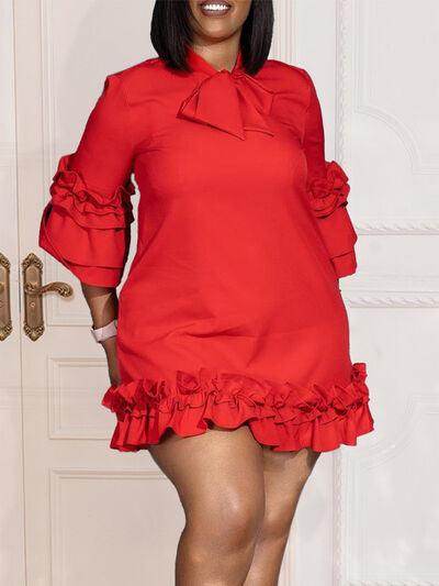Frill Tie Neck Three-Quarter Sleeve Dress for Women
