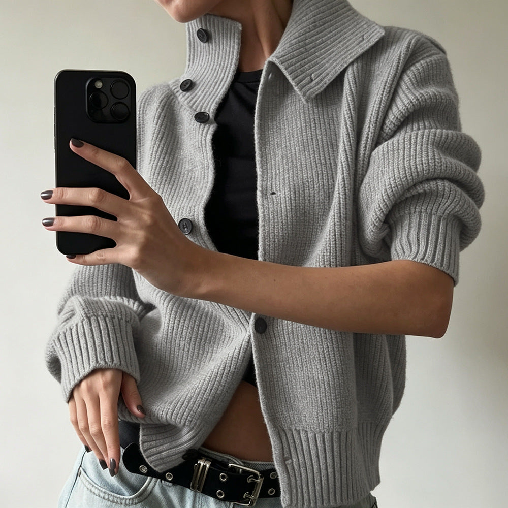 Women's Fashionable Casual Ribbed Mock-Neck Knitted Sweater With Buttons