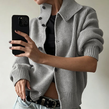 Women's Fashionable Casual Ribbed Mock-Neck Knitted Sweater With Buttons