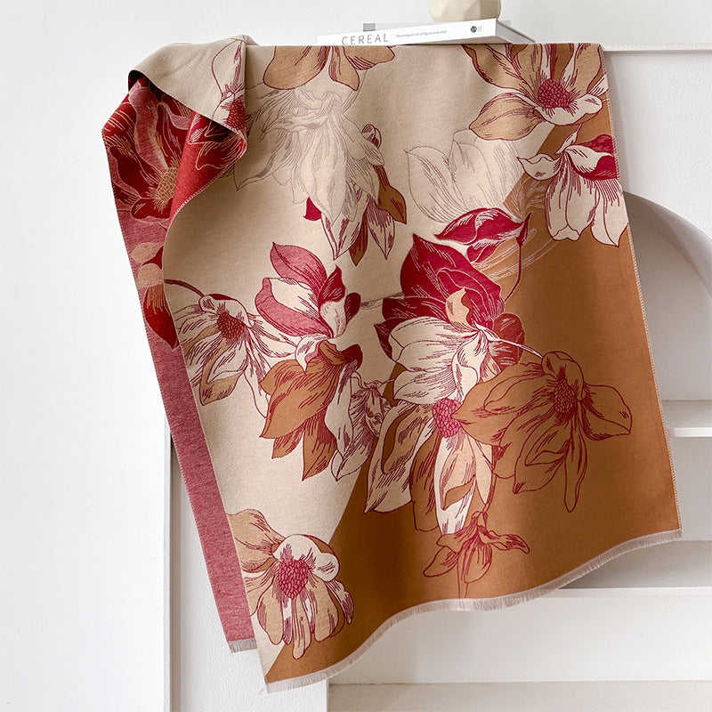 Chinese-style Landscape And Floral Cashmere-look Scarf