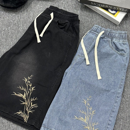 Mens Embroidered Denim Shorts Wide-leg Five-point Length