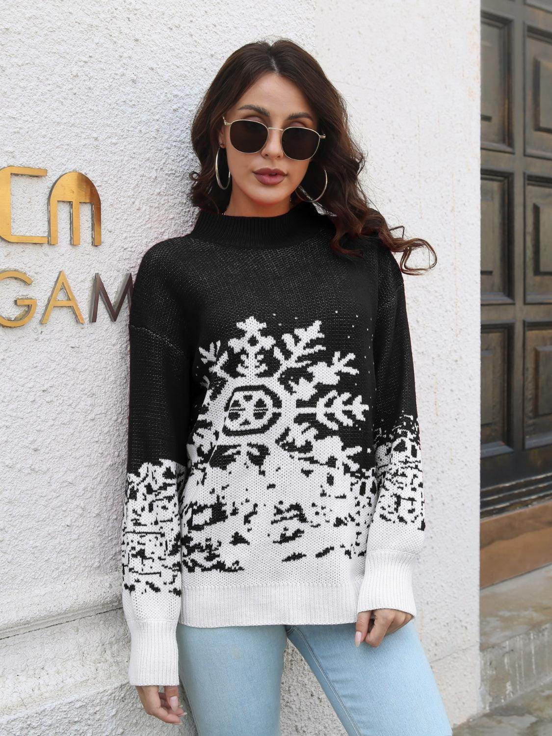 Snowflake Pattern Mock Neck Sweater for Cozy Winter Style