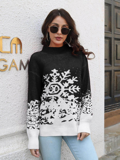 Snowflake Pattern Mock Neck Sweater for Cozy Winter Style