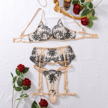 Women's Embroidery Heavy Craft Ultra-thin Mesh Bra Set