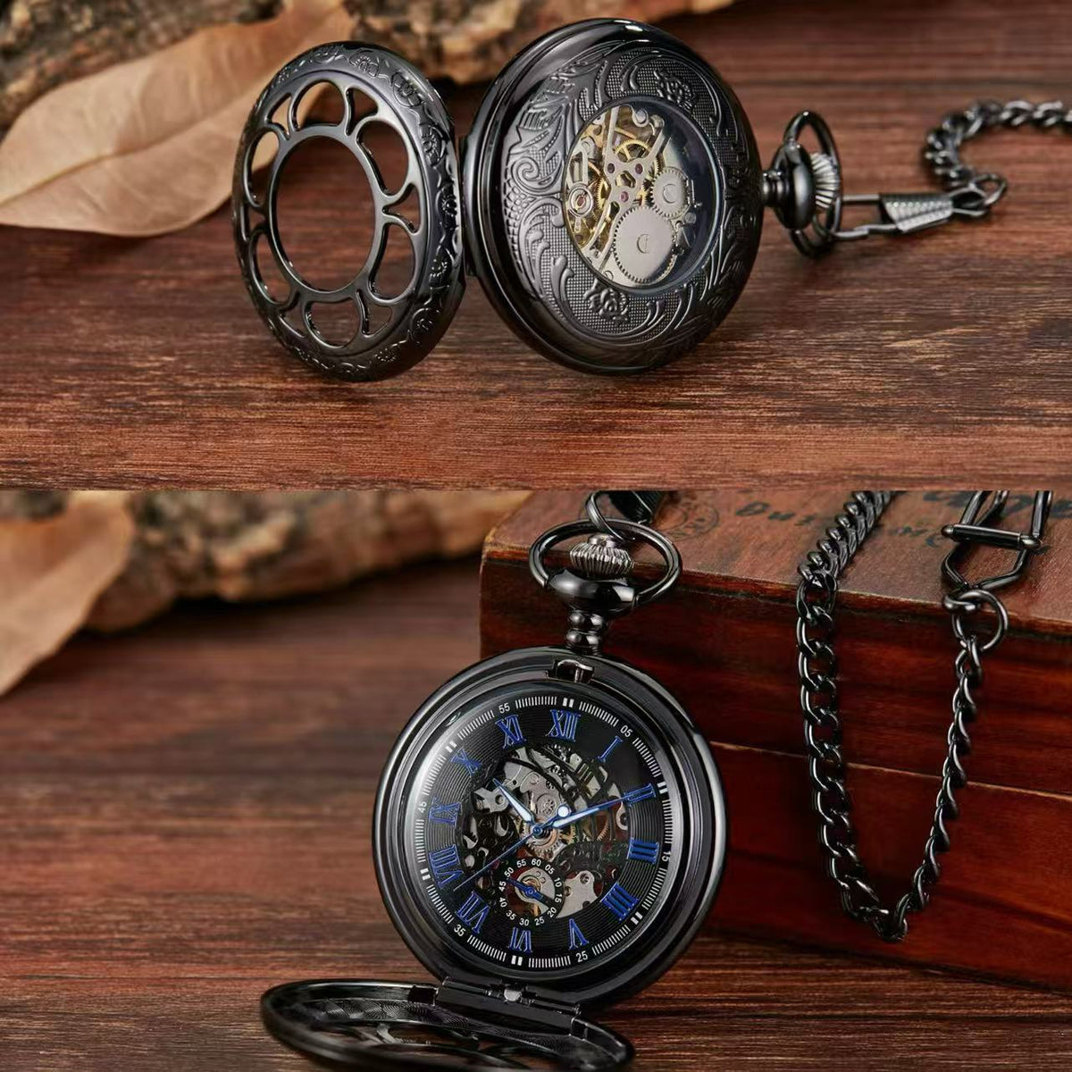Gun-black Petal Blue-dial Mechanical Pocket Watch