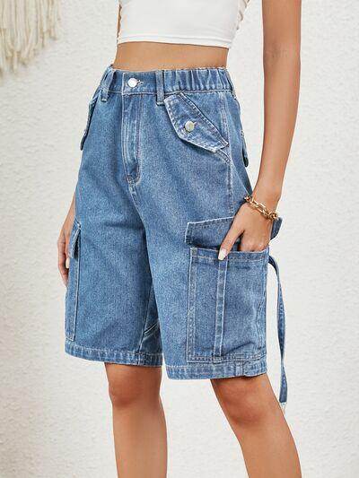 Buttoned Elastic Waist Denim Shorts with Pockets for Women