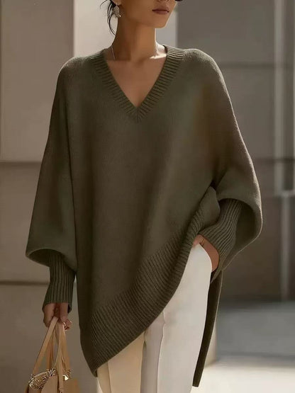 Women's V Neck Oversized Knit Sweater, Long Sleeve Solid Color Lazy Style Loose Asymmetric Hem Pullover Top For Spring Daily Wear