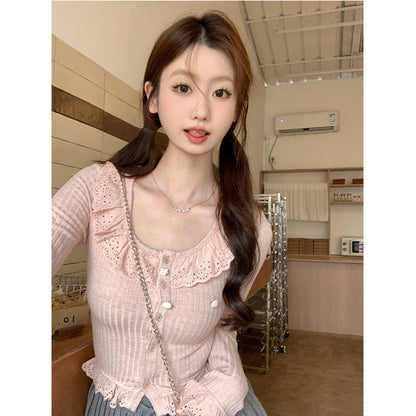Slim Fit All-matching Long Sleeve Top Ruffled Knitted Cropped T-shirt Tide