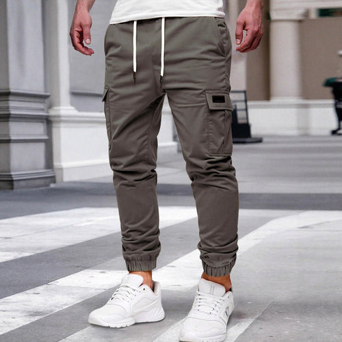 Mens Solid-color Work Pants With Drawstring Elastic Cuffs