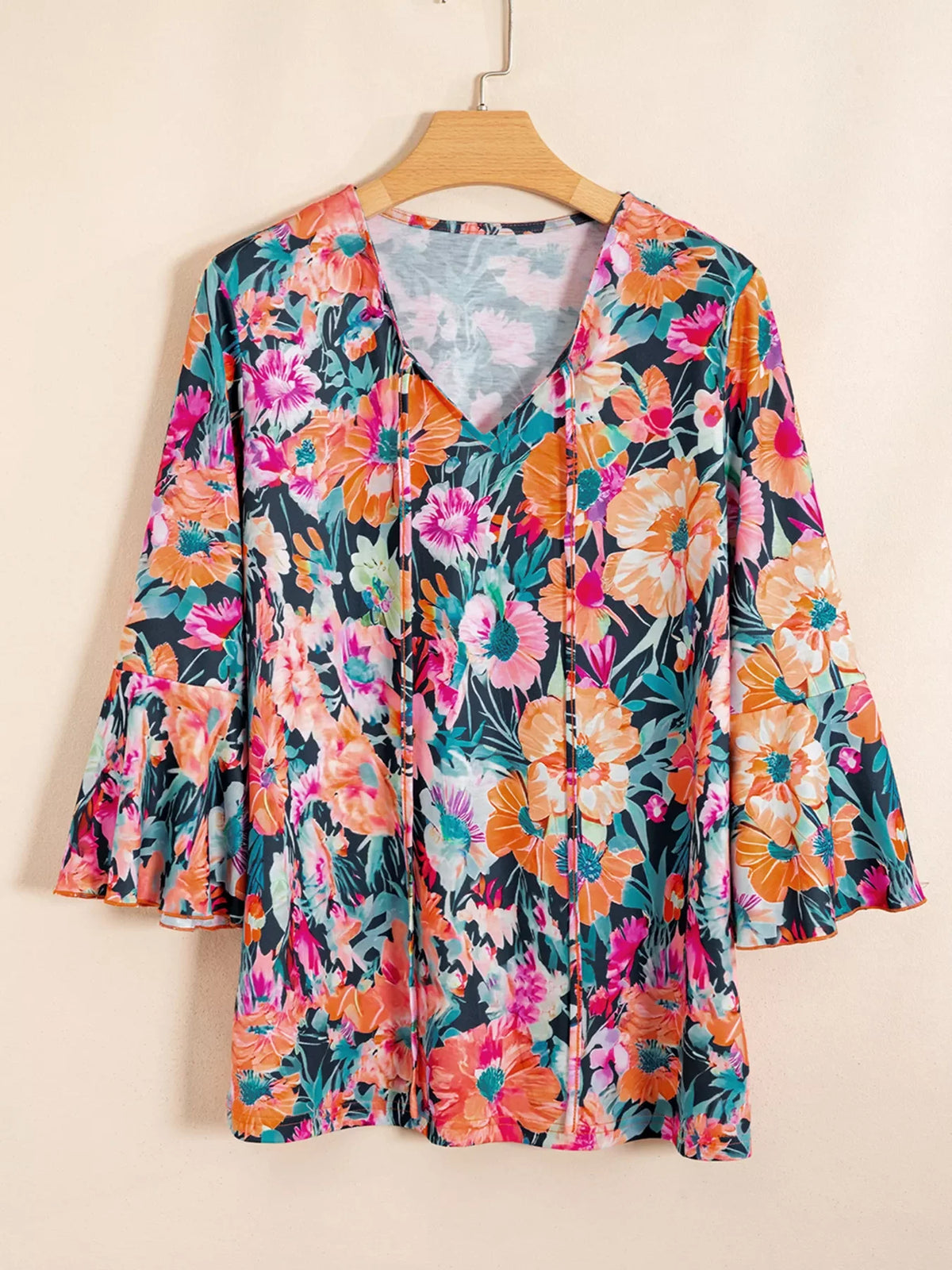 Floral 3/4 Flare Sleeve Tied Neck Blouse